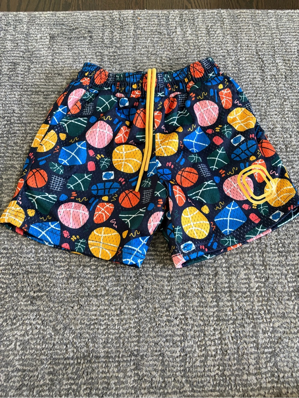 Kids Navy Basketball Print Shorts with Yellow Drawstring